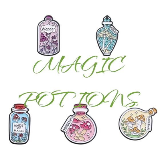 Mushroom Potion Bottles Pin Set 5 Enamel Brooch Bundle Magic Spell Fairycore Lot - Picture 4 of 6